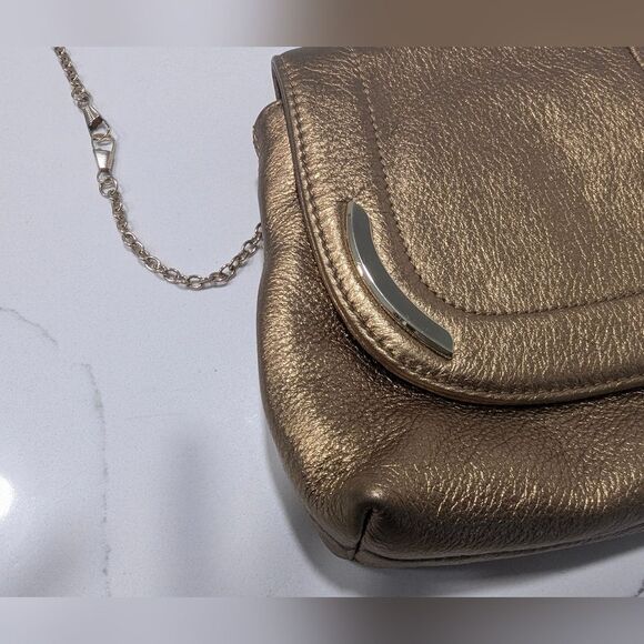 B Makowsky Gold buttery soft Leather Clutch Bag chain handle leopard lining New - Picture 3 of 13